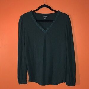 Lauren Ralph Lauren Hunter Green V-Neck Women's Long Sleeve Top Size Med 8/10